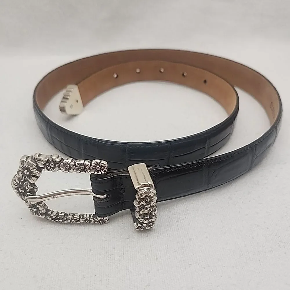 Belt Brighton Woman's Black Gator Embossed Leather Floral Roses Silver Buckle Lg